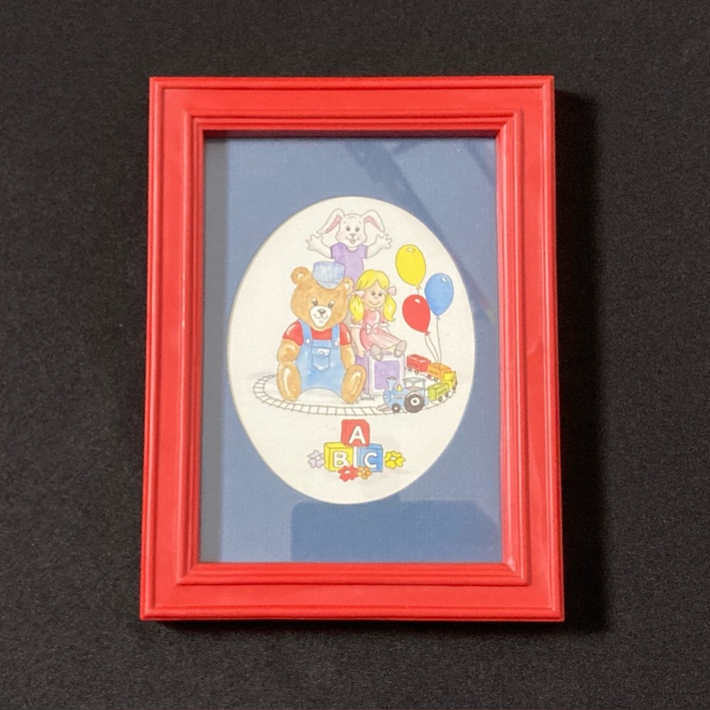 Vintage Red Plastic Frame Colorful Watercolor Style Nursery Toys Illustration
